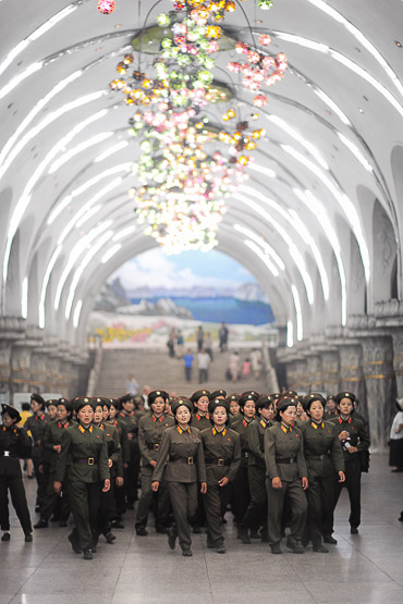 Female soldiers at subway station, Pyongyang